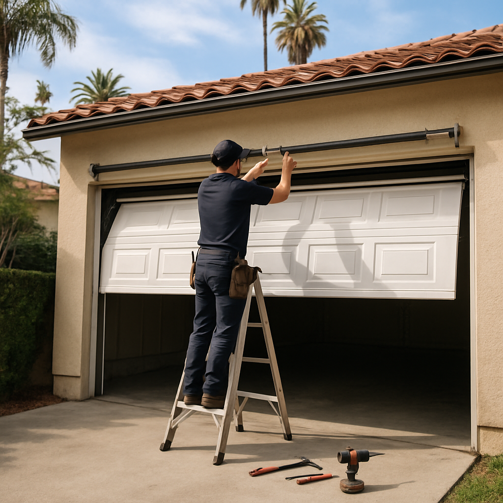 Garage door technician performing repair on a residential garage door.