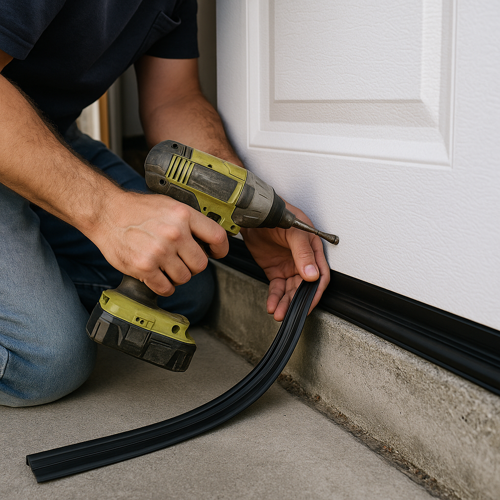 Professional installing garage door bottom seal with a drill