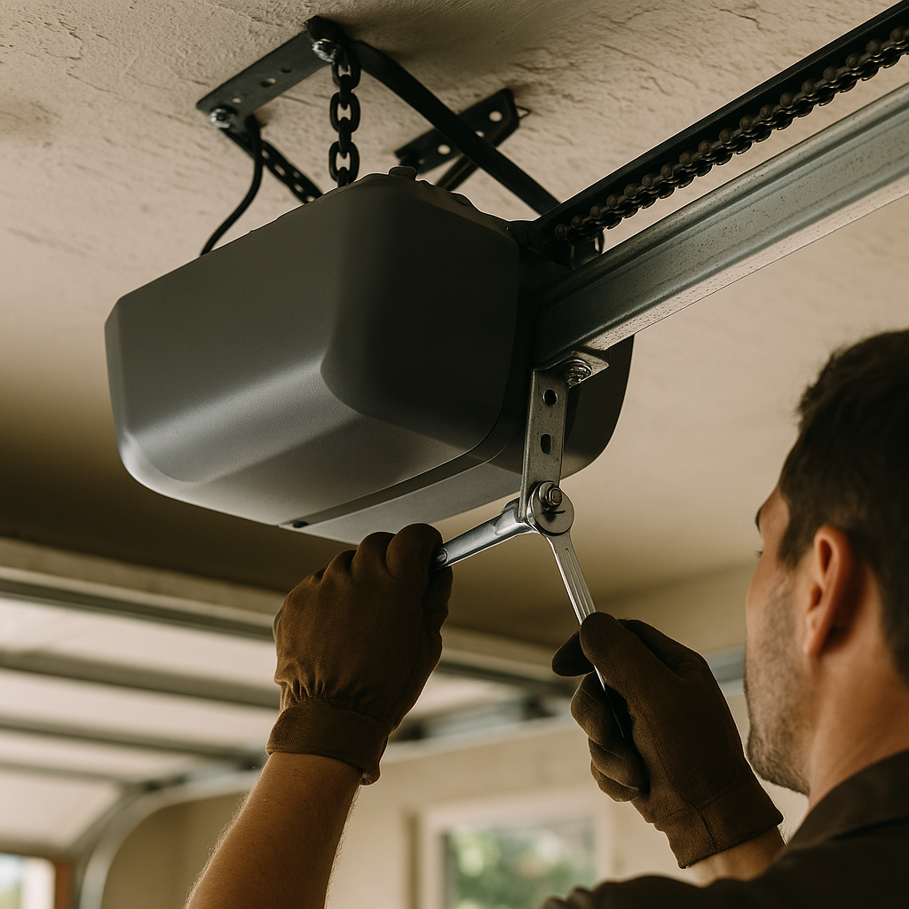 Technician repairs garage door opener with wrench and gloves