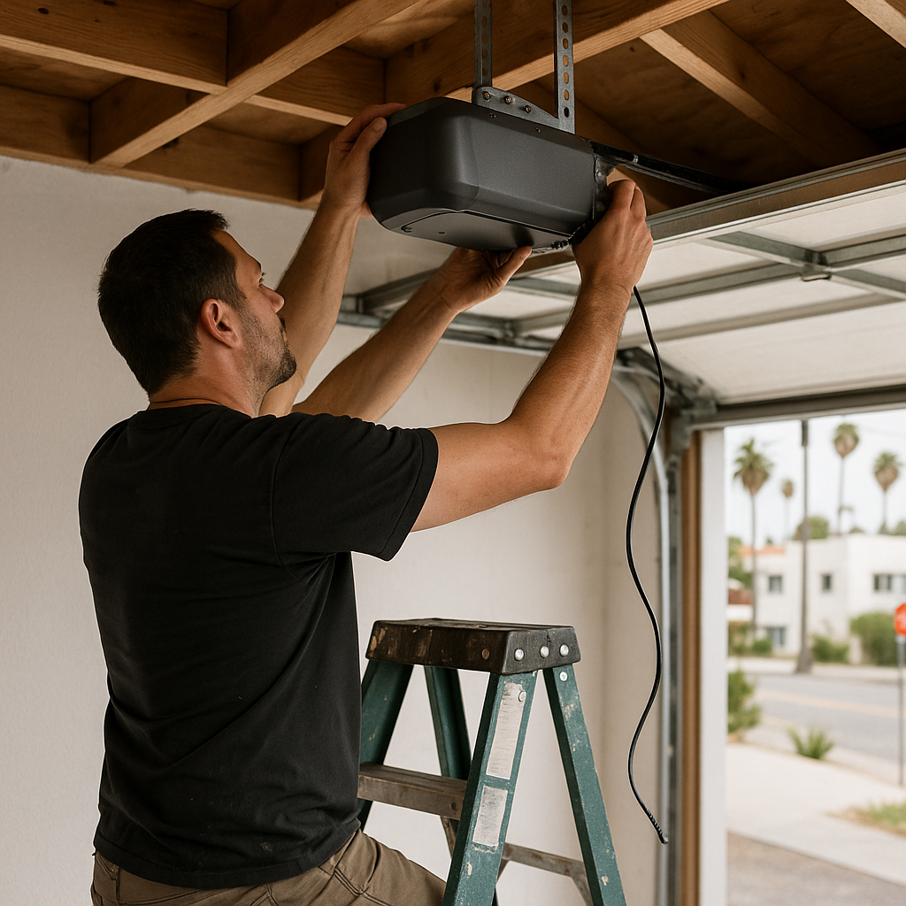 Man installs garage door opener on ceiling