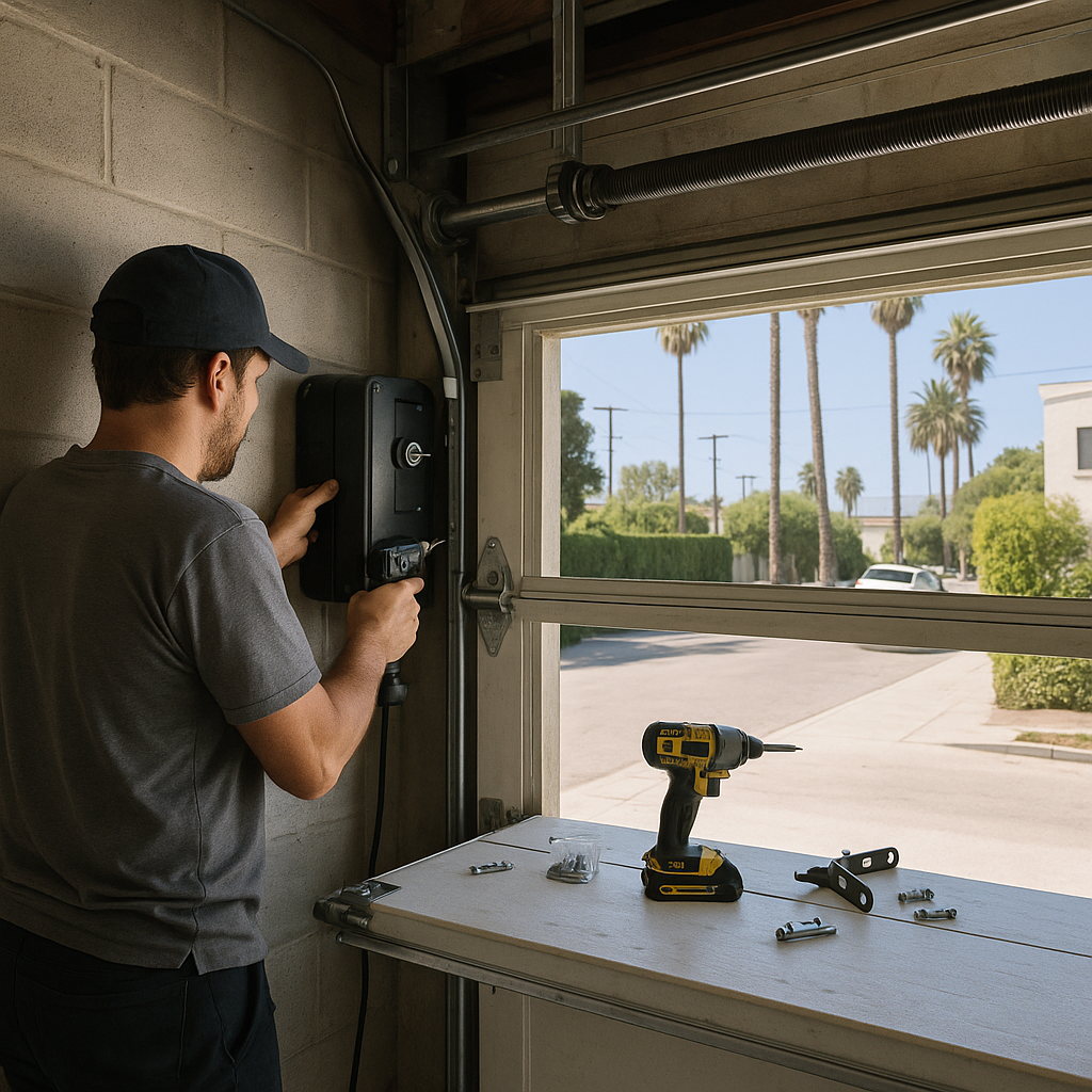 Garage door opener installation by a technician with a drill