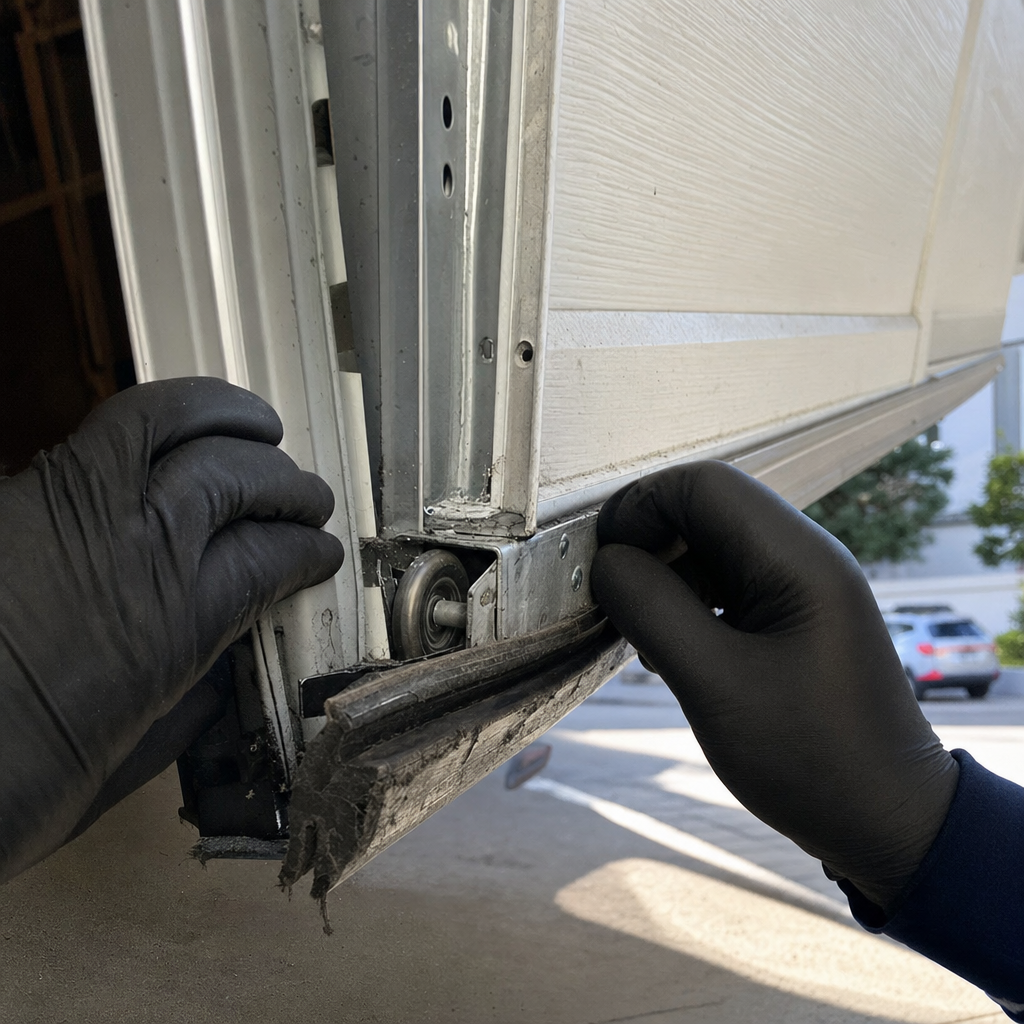Emergency garage door repair with damaged roller being fixed