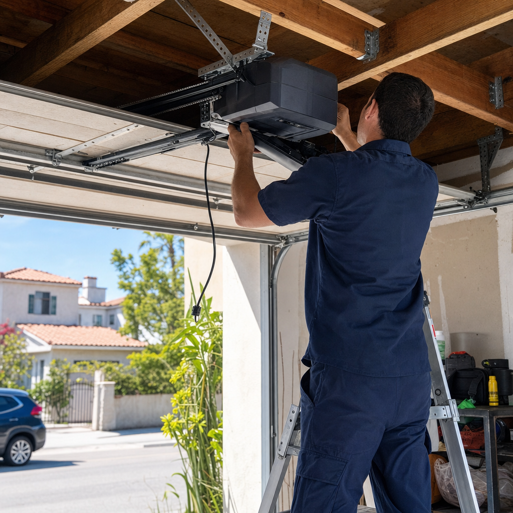 Technician installing and repairing a garage door opener