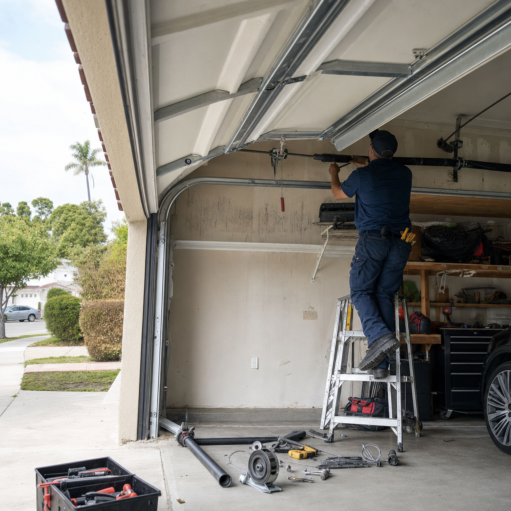 Garage door repair professional working on door parts with tools