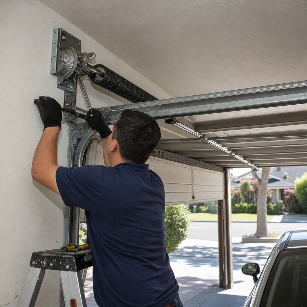 Technician installing garage door torsion spring and pulley system