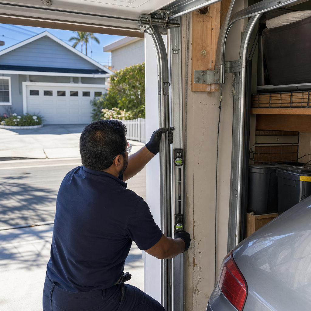 Garage door repair technician checks track alignment with a level.