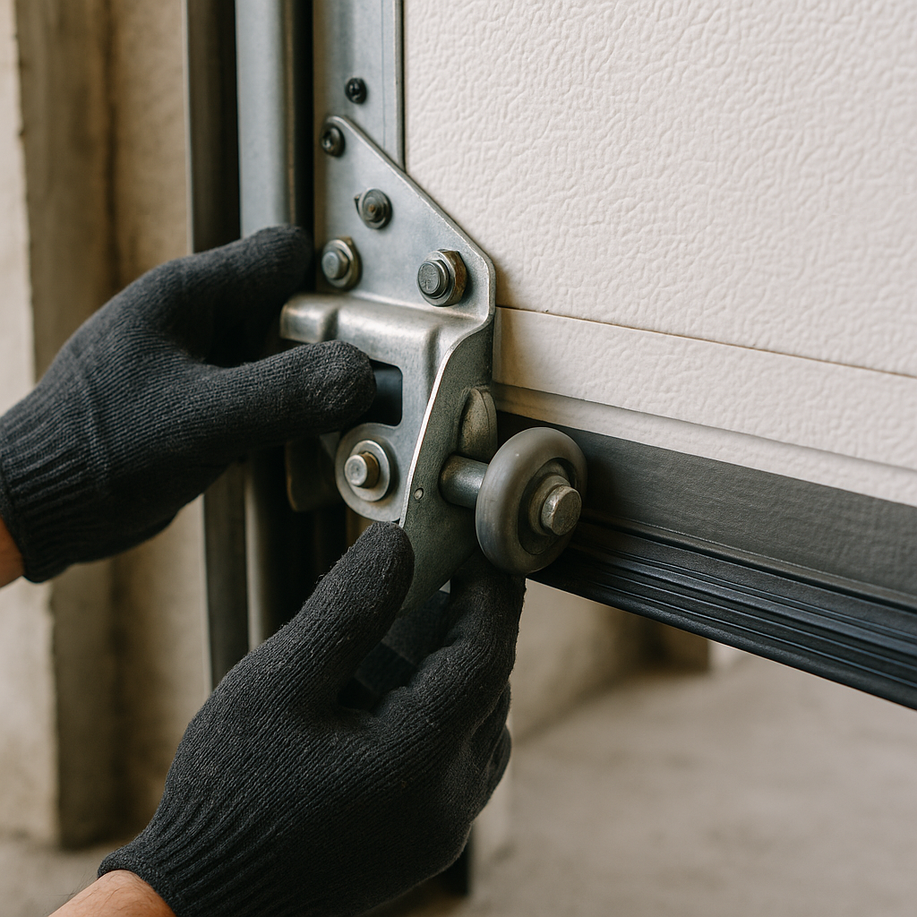 Professional installing garage door roller part, close-up view in Santa Monica, CA