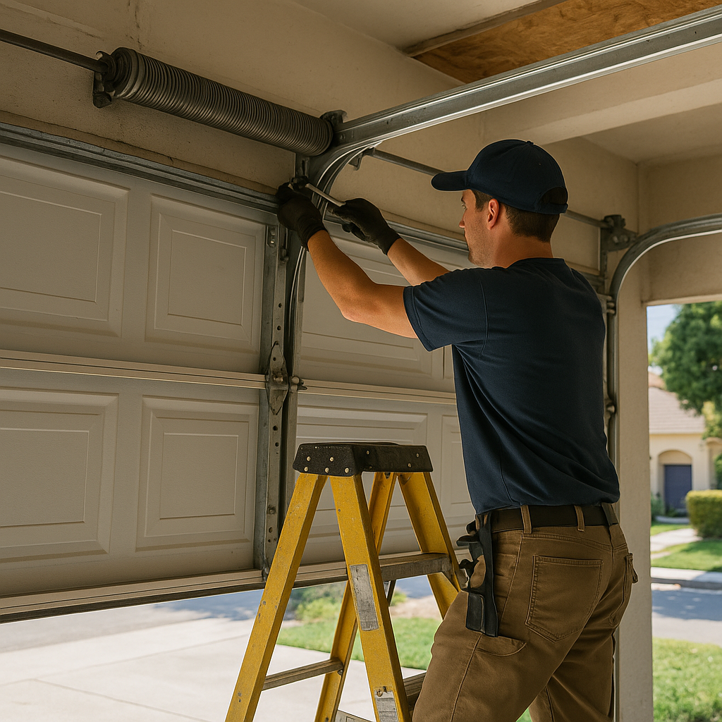 Garage door technician working on garage door spring replacement in Santa Monica, CA