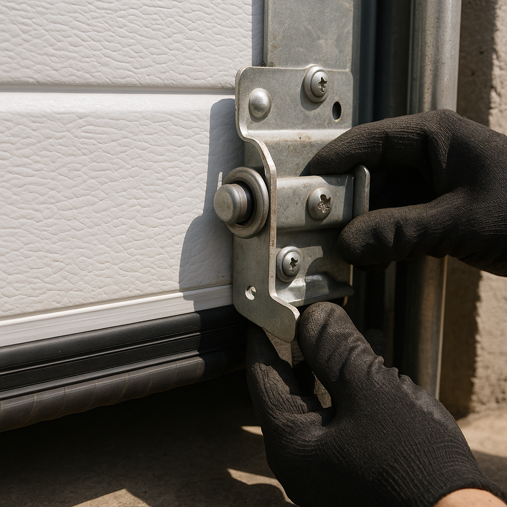 Gloved hands adjust garage door roller for emergency repair in Santa Monica, CA