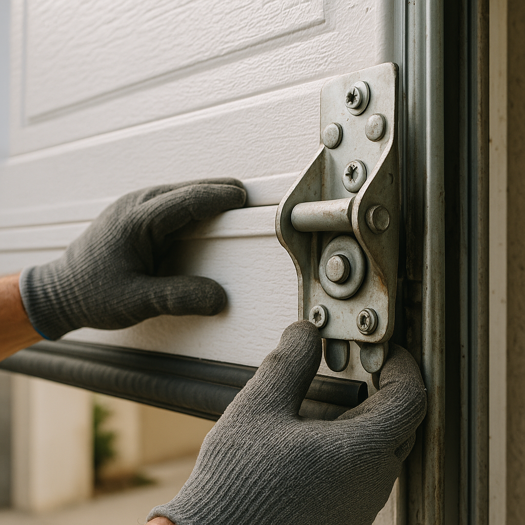 Gloved hands working on emergency garage door repair mechanism in Santa Monica, CA